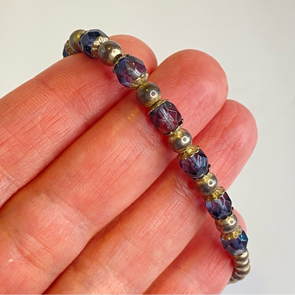 Vintage Silver‎ Bead Bracelet Purple Amethyst Glass Faceted 925 Dainty Gift